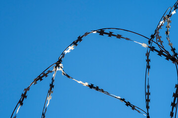 Barbed wire against clear blue sky. Copy space for text