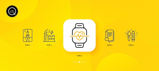 Fototapeta na wymiar Creativity, Cardio training and Crane claw machine minimal line icons. Yellow abstract background. Search file, Electricity factory icons. For web, application, printing. Vector