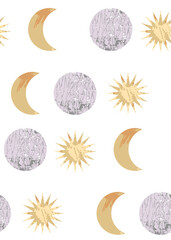 Seamless pattern with sun and moon. Contemporary composition in pastel colors. Boho wall decor. Mid century art print. Trendy texture for print, textile, packaging. Bohemain art.