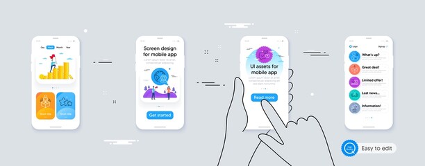 Set of Smile, Online voting and Video conference line icons. Phone ui interface. Include Augmented reality, Send box, Online voting icons. Recruitment, Stars, Food delivery web elements. Vector
