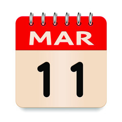 11 day of the month. March. Flip old formal calendar daily icon. Date day week Sunday, Monday, Tuesday, Wednesday, Thursday, Friday, Saturday. Cut paper. White background. Vector illustration. 3d