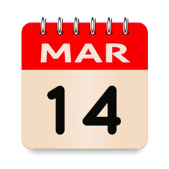 14 day of the month. March. Flip old formal calendar daily icon. Date day week Sunday, Monday, Tuesday, Wednesday, Thursday, Friday, Saturday. Cut paper. White background. Vector illustration. 3d