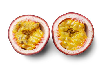 Two halves of passion fruit isolated top view. Fresh fruits.