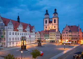 Wittenberg,  Saxony-Anhalt, Germany. View of Markt square at dusk