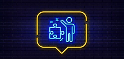 Neon light speech bubble. Strategy line icon. Business management sign. Puzzle symbol. Neon light background. Strategy glow line. Brick wall banner. Vector