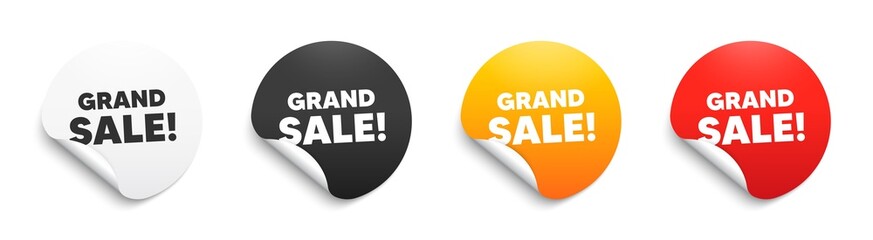 Grand sale text. Round sticker badge with offer. Special offer price sign. Advertising discounts symbol. Paper label banner. Grand sale adhesive tag. Vector