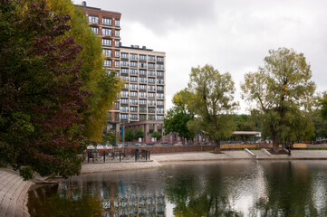 Ufa, Russia,st. Lenina, Park of Culture and Leisure Modern buildings near the large lake. Green trees around