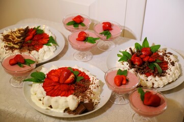 Strawberry cake with cream and mint with grated chocolate airy and incredibly tasty from natural products. High quality photo