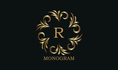 Golden monogram design template with letter R. Round logo, business identity sign for restaurant, boutique, cafe, hotel, heraldic, jewelry.