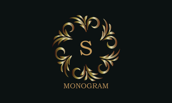 Golden monogram design template with letter S. Round logo, business identity sign for restaurant, boutique, cafe, hotel, heraldic, jewelry.