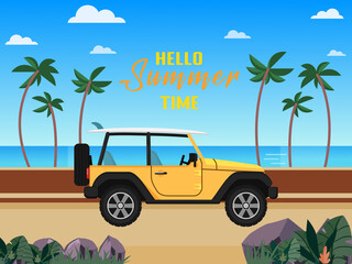 Vector surfing car, summer, travel, auto, beach