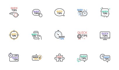 Quick tips line icons. Helpful tricks, Solution and Quickstart guide. Tutorial linear icon set. Bicolor outline web elements. Vector