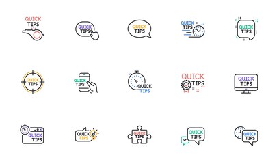 Quick tips line icons. Helpful tricks, Solution and Quickstart guide. Tutorial linear icon set. Bicolor outline web elements. Vector