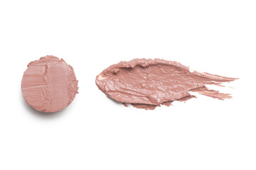 Creamy neutral toned makeup sample on white background	