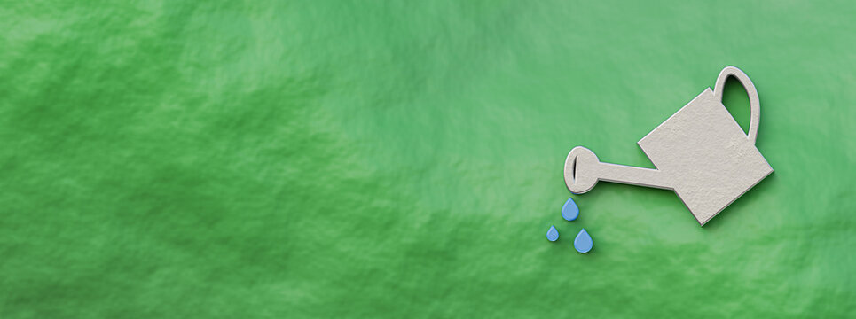 Iron garden watering can with water drops on green background, 3D illustration.
