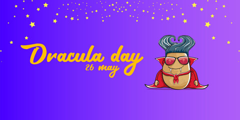 26 may world dracula day greeting horizontal banner with vector funny cartoon cute dracula potato with fangs and red cape isolated on violet background. vampire monster vegetable funky character