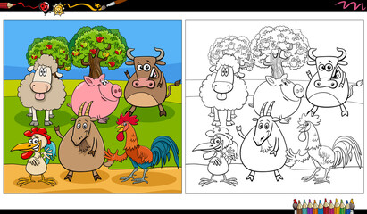 cartoon farm animal characters group coloring book page