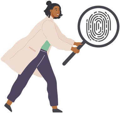 Lady looking at black and white finger print with search loupe. Scientist examines evidence of crime. Lady near fingerprint of suspect under magnifying glass. Analytics and research for consequence