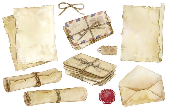 Set of watercolor illustrations with vintage envelopes, letters, wax seal, old paper and scrolls isolated on a white