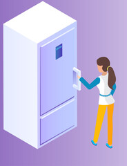 Girl opens refrigerator with clock. Meals on schedule, eating on time. Woman holding handle of refrigerator with time indicator. Diet, proper nutrition, healthy lifestyle. Lady near closed fridge