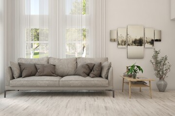 White living room with sofa and summer landscape in window. Scandinavian interior design. 3D illustration