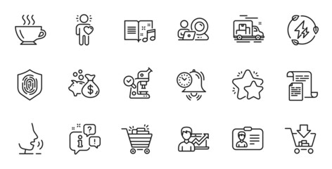 Outline set of Identification card, Shopping and Video conference line icons for web application. Talk, information, delivery truck outline icon. Vector