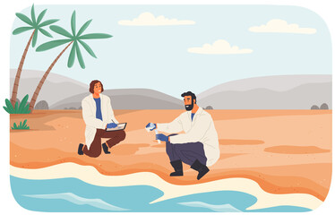 People exploring nature, analyze soil. Researchers take samples of biomaterial. Environmental and ecology research. Scientists conduct ecological experiment. Explorers work in forest or park