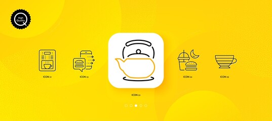 Fototapeta na wymiar Coffee maker, Food order and Night eat minimal line icons. Yellow abstract background. Cappuccino, Teapot icons. For web, application, printing. Tea machine, Food delivery, Coffee cup. Vector