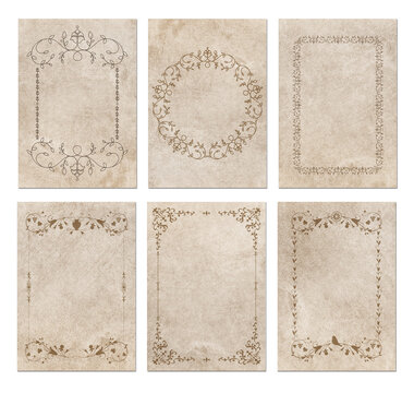Vintage, aged, shabby ornamental papers and frames isolated on white background