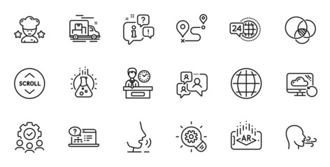 Outline set of Breathing exercise, Recovery cloud and Online help line icons for web application. Talk, information, delivery truck outline icon. Vector