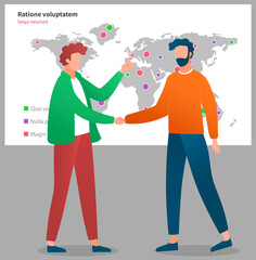 International business network. World wide technology, cooperation and partnership. Worldwide logistic success contract signing near map of planet. Business meeting of partners to make deal