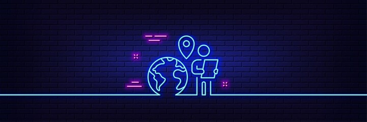 Neon light glow effect. Outsource work line icon. Freelance job sign. Remote employee symbol. 3d line neon glow icon. Brick wall banner. Outsource work outline. Vector