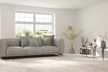White living room with sofa. Scandinavian interior design. 3D illustration