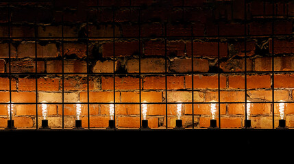 Row of glowing led light bulbs and grid near brick wall