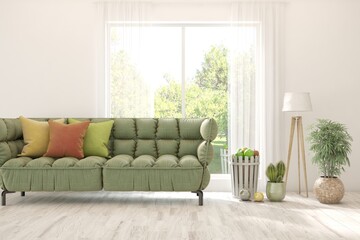 White living room with sofa and summer landscape in window. Scandinavian interior design. 3D illustration