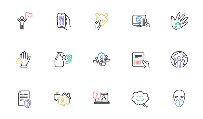 Global business, Dont touch and Smile chat line icons for website, printing. Collection of Social responsibility, Teamwork, Fingerprint icons. Work home, Medical mask, Faq web elements. Vector