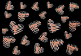 Fondo de garabatos naranjas de corazones sobre fondo negro