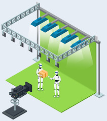 Process of filming in pavilion. Shooting scene with robots for movie about future. Working on making film for cinema in studio, film creation concept. Actors play role and work by script on set