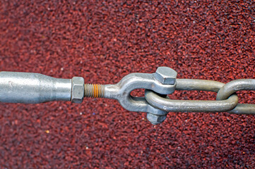 shackle, puller, rope, turnbuckle, metal thimble for the rope, tensioner