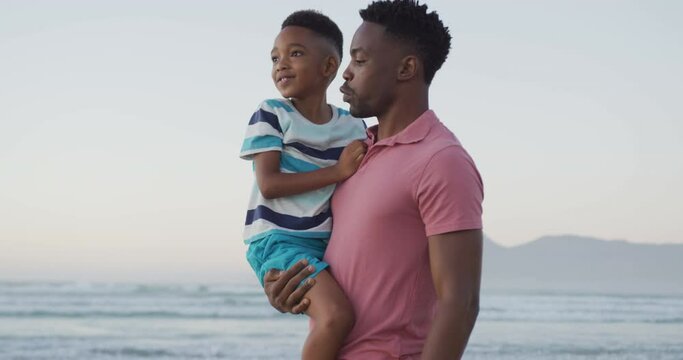 Happy african american father carrying his son on sunny beach