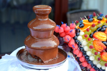 Fototapeta na wymiar chocolchocolate fountain and carving from different fruits on a glass table. High quality photo