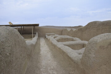 Unpaved sidewalk in Chan Chan ruins Peru is the oldest known Pre-Colombian city. Trujillo, Peru.