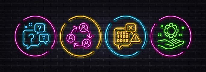 Teamwork, Question bubbles and Binary code minimal line icons. Neon laser 3d lights. Employee hand icons. For web, application, printing. Business conference, Faq, Programming chat. Work gear. Vector