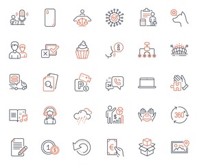 line icons set. Included icon as Support, Music book and Seo statistics web elements. Puzzle, Couple, Finance icons. Photo location, Sports arena, Food delivery web signs. Restructuring. Vector