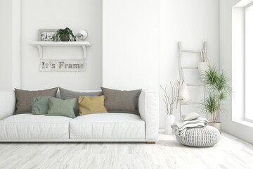 White living room with sofa. Scandinavian interior design. 3D illustration