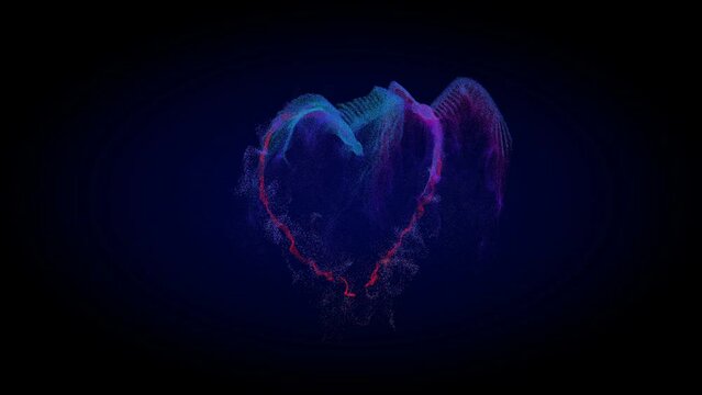 Two digital models of pink and blue magic birds of happiness fly along the trajectory of the heart. Phoenix bird, eagle silhouette.