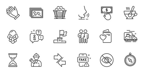 Outline set of Time hourglass, Clapping hands and Not looking line icons for web application. Talk, information, delivery truck outline icon. Include Love document, Survey, Repairman icons. Vector
