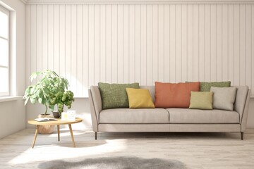White living room with sofa. Scandinavian interior design. 3D illustration
