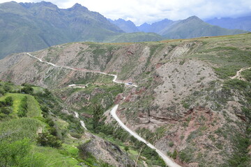 The road between the mountains to the salt terraces of Maras in the Andes mountain range in the region of Cusco, Peru