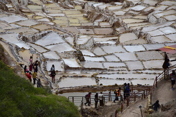 Landscape of the salt terraces of Maras (Salineras de Maras) in the Andes mountain range in the region of Cusco, Peru - obrazy, fototapety, plakaty